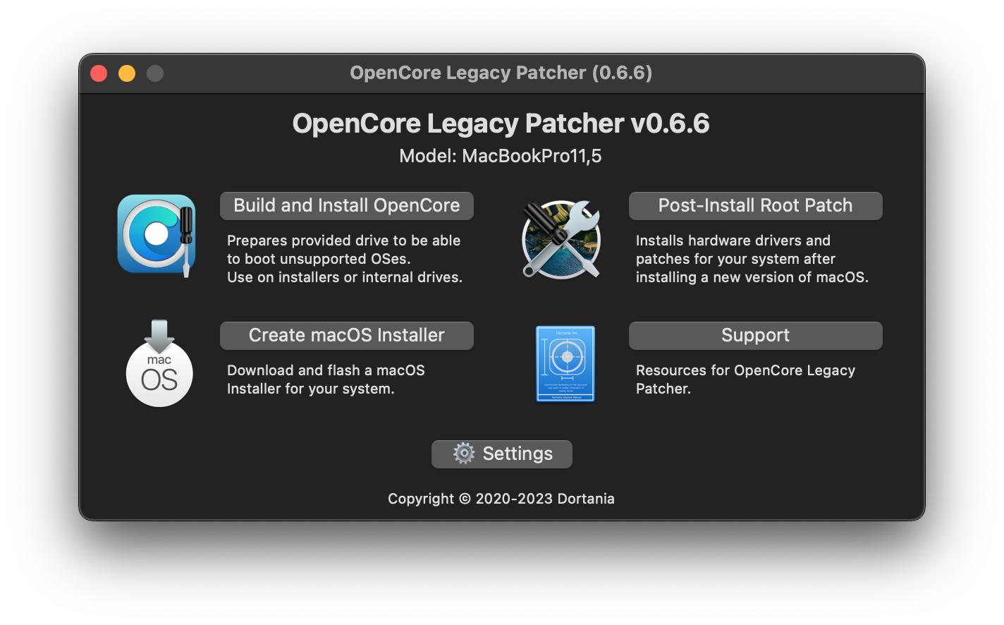 OpenCore Legacy Patcher Main Menu